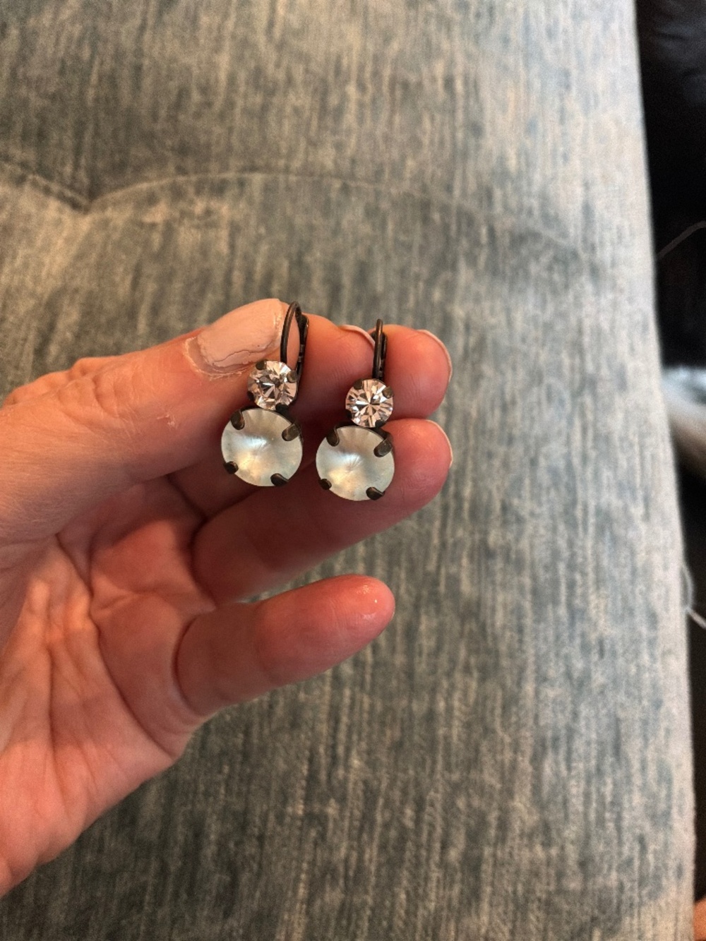 White and pink stone drop earrings in gunmetal